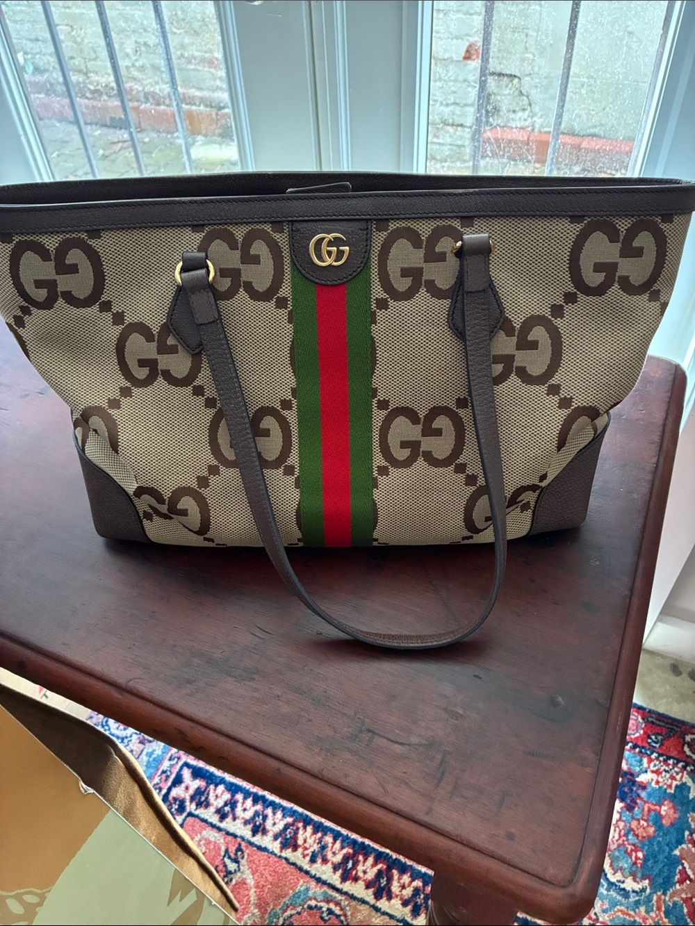 Gucci Beige GG Canvas Tote with Green and Red Web and Brown Trim